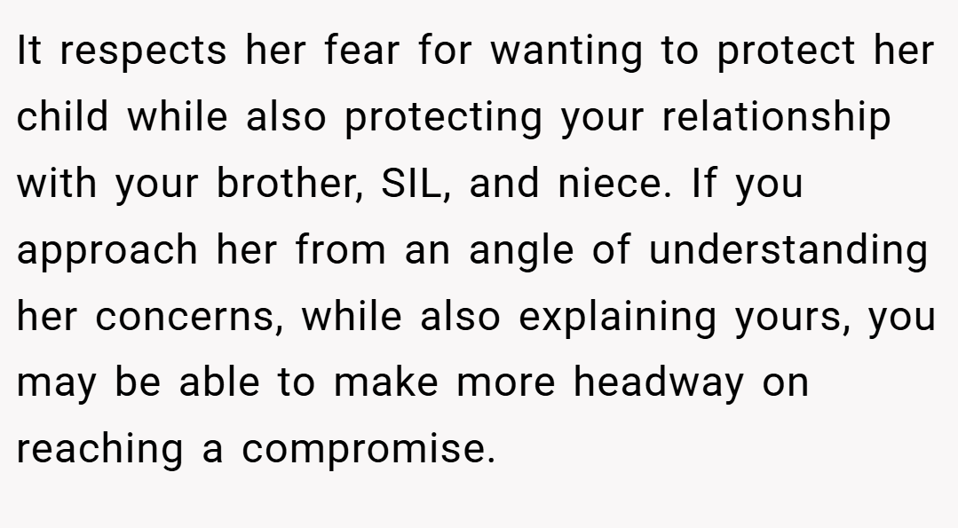 It respects her fear for wanting to protect her child while also protecting your relationship with your brother, SIL, and niece. If you approach her from an angle of understanding her concerns, while also explaining yours, you may be able to make more headway on reaching a compromise.