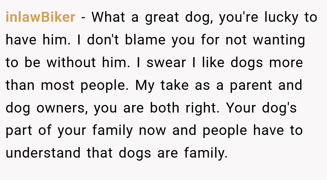 inlawBiker − What a great dog, you're lucky to have him. I don't blame you for not wanting to be without him. I swear I like dogs more than most people. My take as a parent and dog owners, you are both right. Your dog's part of your family now and people have to understand that dogs are family.