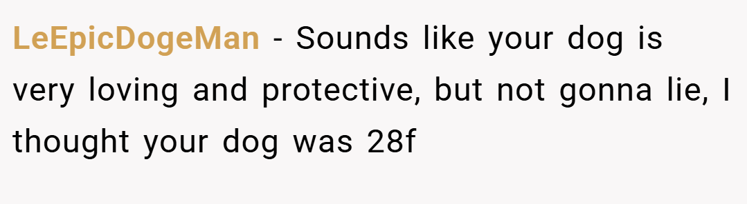 LeEpicDogeMan − Sounds like your dog is very loving and protective, but not gonna lie, I thought your dog was 28f