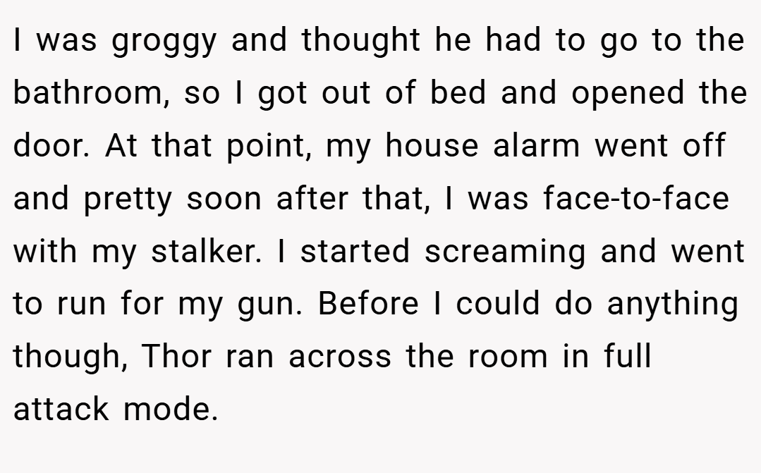 I was groggy and thought he had to go to the bathroom, so I got out of bed and opened the door. At that point, my house alarm went off and pretty soon after that, I was face-to-face with my stalker. I started screaming and went to run for my gun. Before I could do anything though, Thor ran across the room in full attack mode.