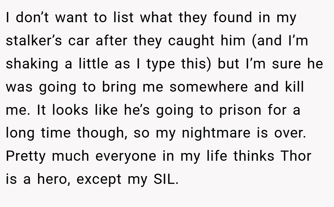 I don’t want to list what they found in my stalker’s car after they caught him (and I’m shaking a little as I type this) but I’m sure he was going to bring me somewhere and kill me. It looks like he’s going to prison for a long time though, so my nightmare is over. Pretty much everyone in my life thinks Thor is a hero, except my SIL.