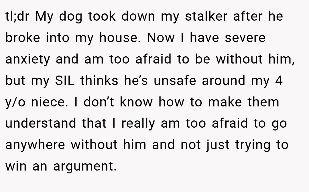 tl;dr My dog took down my stalker after he broke into my house. Now I have severe anxiety and am too afraid to be without him, but my SIL thinks he’s unsafe around my 4 y/o niece. I don’t know how to make them understand that I really am too afraid to go anywhere without him and not just trying to win an argument.