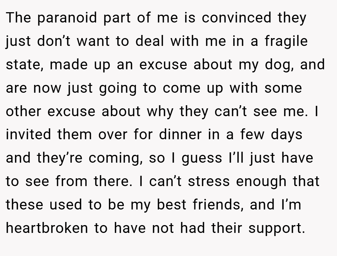 The paranoid part of me is convinced they just don’t want to deal with me in a fragile state, made up an excuse about my dog, and are now just going to come up with some other excuse about why they can’t see me. I invited them over for dinner in a few days and they’re coming, so I guess I’ll just have to see from there. I can’t stress enough that these used to be my best friends, and I’m heartbroken to have not had their support.