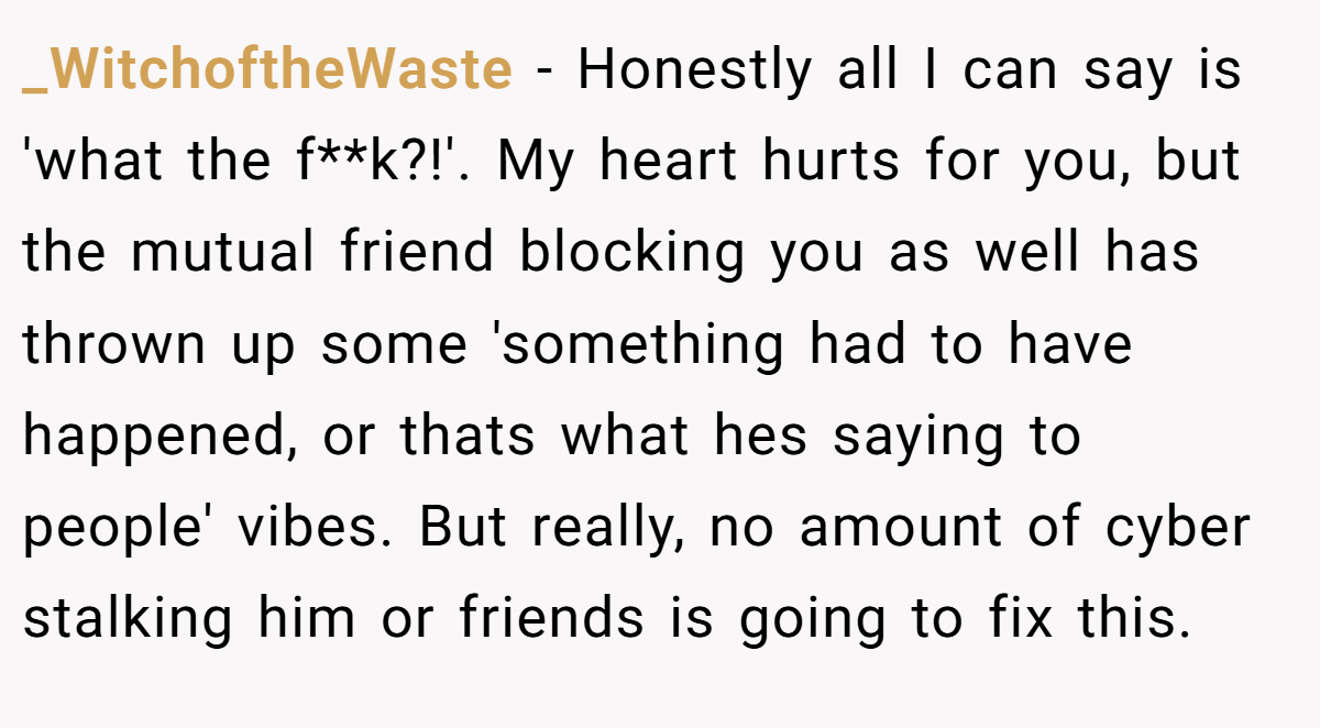 _WitchoftheWaste − Honestly all I can say is 'what the f**k?!'. My heart hurts for you, but the mutual friend blocking you as well has thrown up some 'something had to have happened, or thats what hes saying to people' vibes. But really, no amount of cyber stalking him or friends is going to fix this.