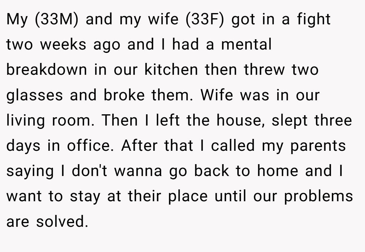 My (33M) and my wife (33F) got in a fight two weeks ago and I had a mental breakdown in our kitchen then threw two glasses and broke them. Wife was in our living room. Then I left the house, slept three days in office. After that I called my parents saying I don't wanna go back to home and I want to stay at their place until our problems are solved.