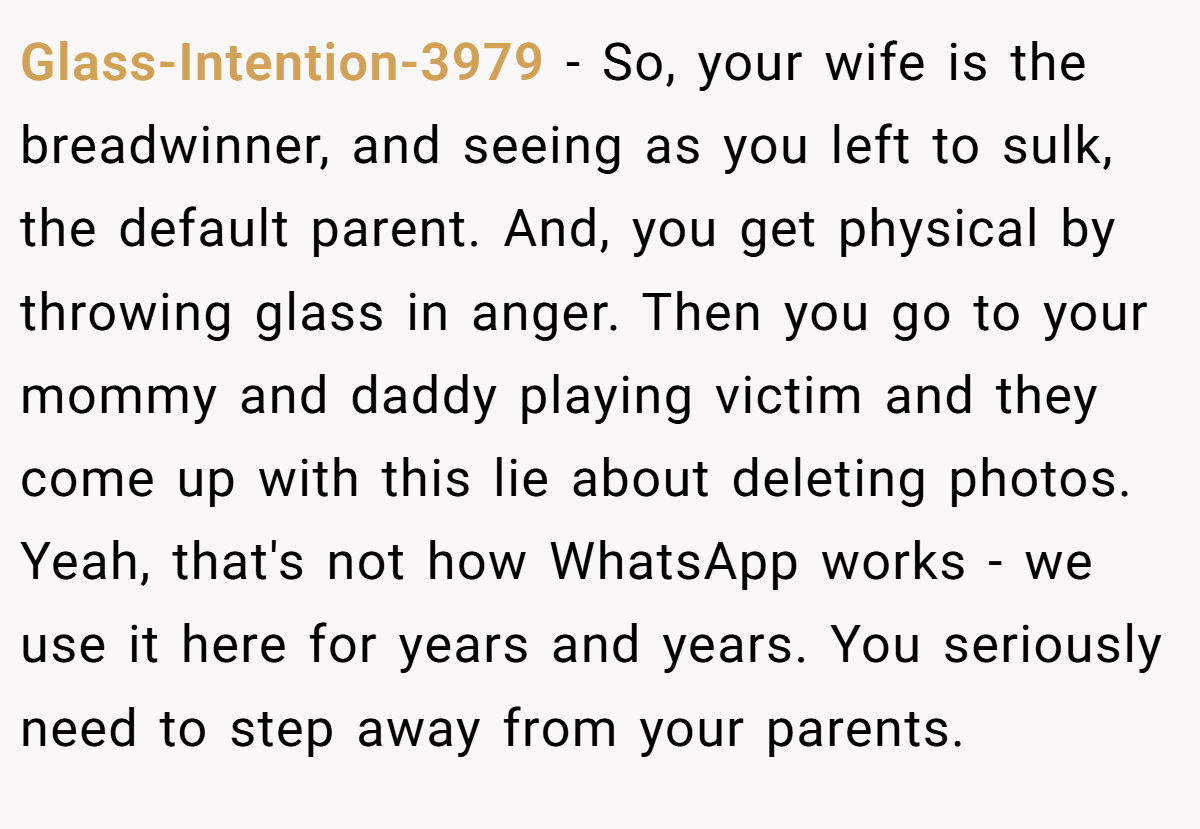 Glass-Intention-3979 − So, your wife is the breadwinner, and seeing as you left to sulk, the default parent. And, you get physical by throwing glass in anger. Then you go to your mommy and daddy playing victim and they come up with this lie about deleting photos. Yeah, that's not how WhatsApp works - we use it here for years and years. You seriously need to step away from your parents.