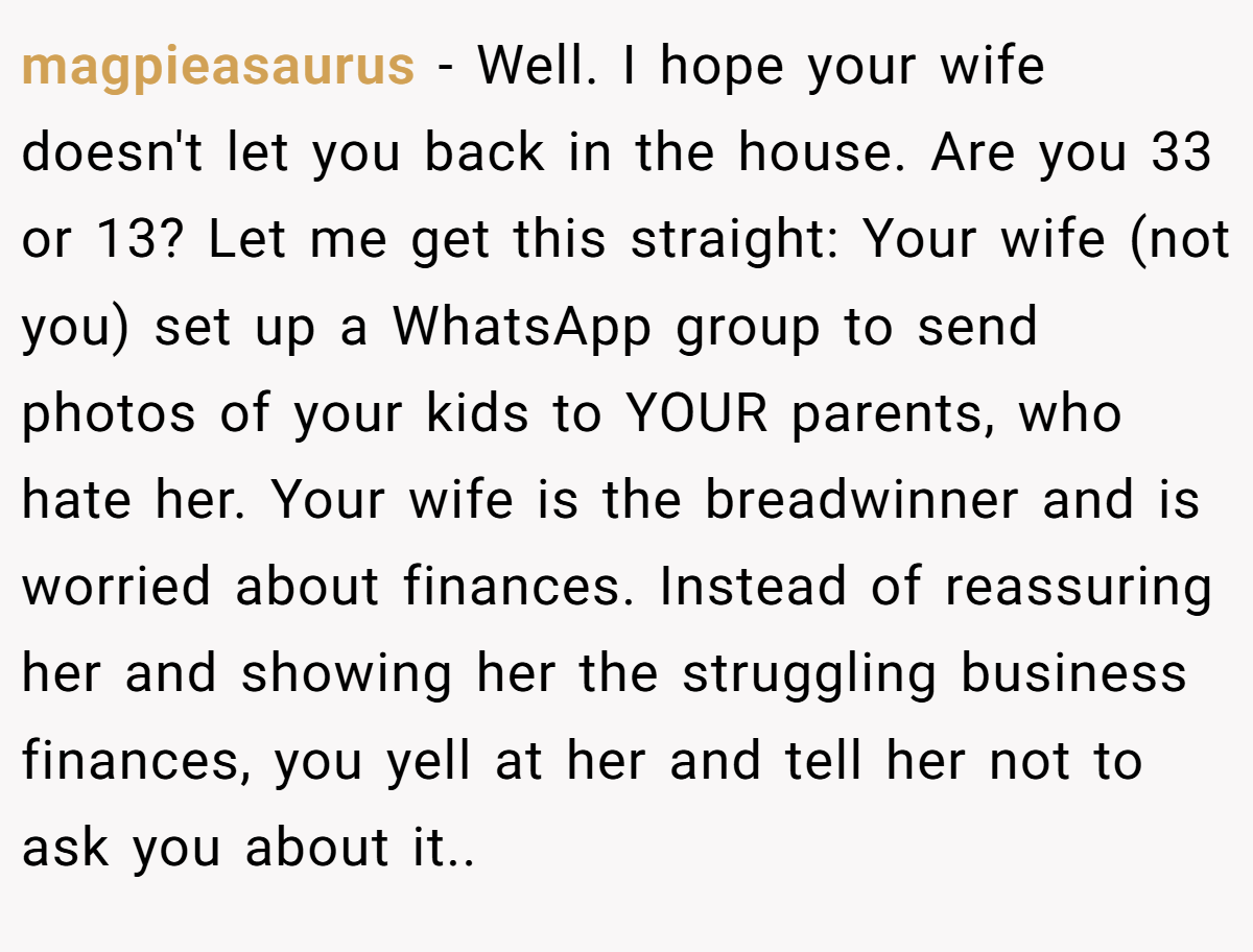 magpieasaurus − Well. I hope your wife doesn't let you back in the house. Are you 33 or 13? Let me get this straight: Your wife (not you) set up a WhatsApp group to send photos of your kids to YOUR parents, who hate her. Your wife is the breadwinner and is worried about finances. Instead of reassuring her and showing her the struggling business finances, you yell at her and tell her not to ask you about it..