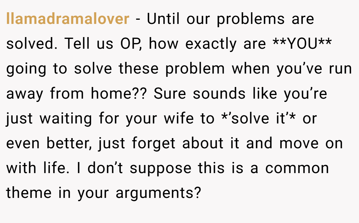 llamadramalover − Until our problems are solved. Tell us OP, how exactly are **YOU** going to solve these problem when you’ve run away from home?? Sure sounds like you’re just waiting for your wife to *’solve it’* or even better, just forget about it and move on with life. I don’t suppose this is a common theme in your arguments?