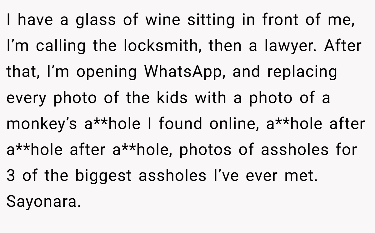 I have a glass of wine sitting in front of me, I’m calling the locksmith, then a lawyer. After that, I’m opening WhatsApp, and replacing every photo of the kids with a photo of a monkey’s a**hole I found online, a**hole after a**hole after a**hole, photos of assholes for 3 of the biggest assholes I’ve ever met. Sayonara.