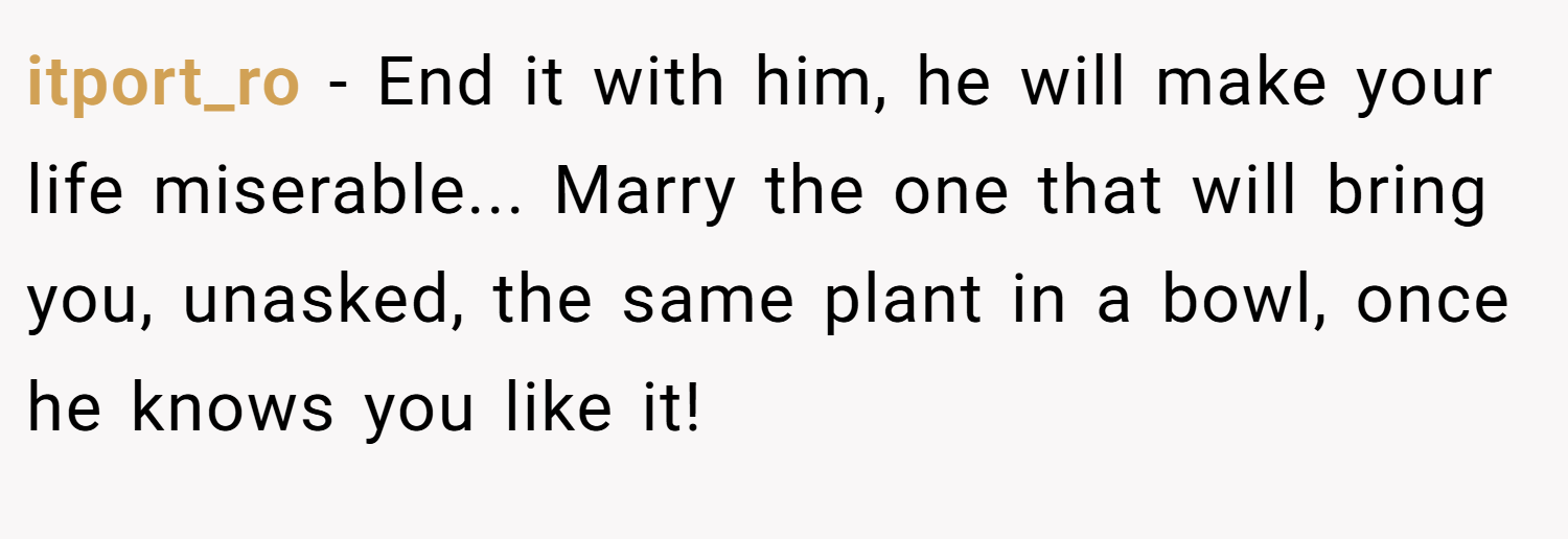 itport_ro − End it with him, he will make your life miserable... Marry the one that will bring you, unasked, the same plant in a bowl, once he knows you like it!