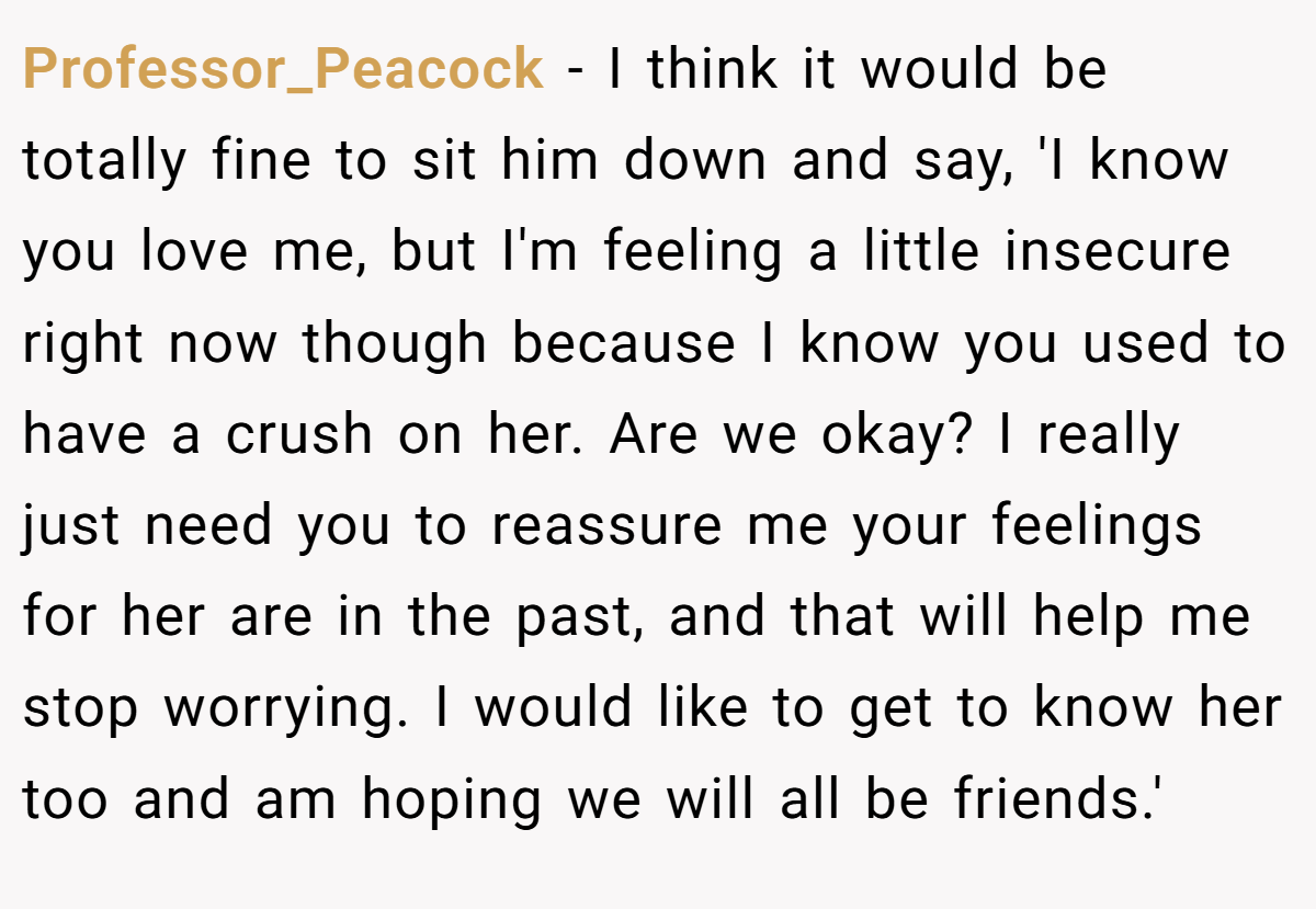 Professor_Peacock − I think it would be totally fine to sit him down and say, 'I know you love me, but I'm feeling a little insecure right now though because I know you used to have a crush on her. Are we okay? I really just need you to reassure me your feelings for her are in the past, and that will help me stop worrying. I would like to get to know her too and am hoping we will all be friends.'