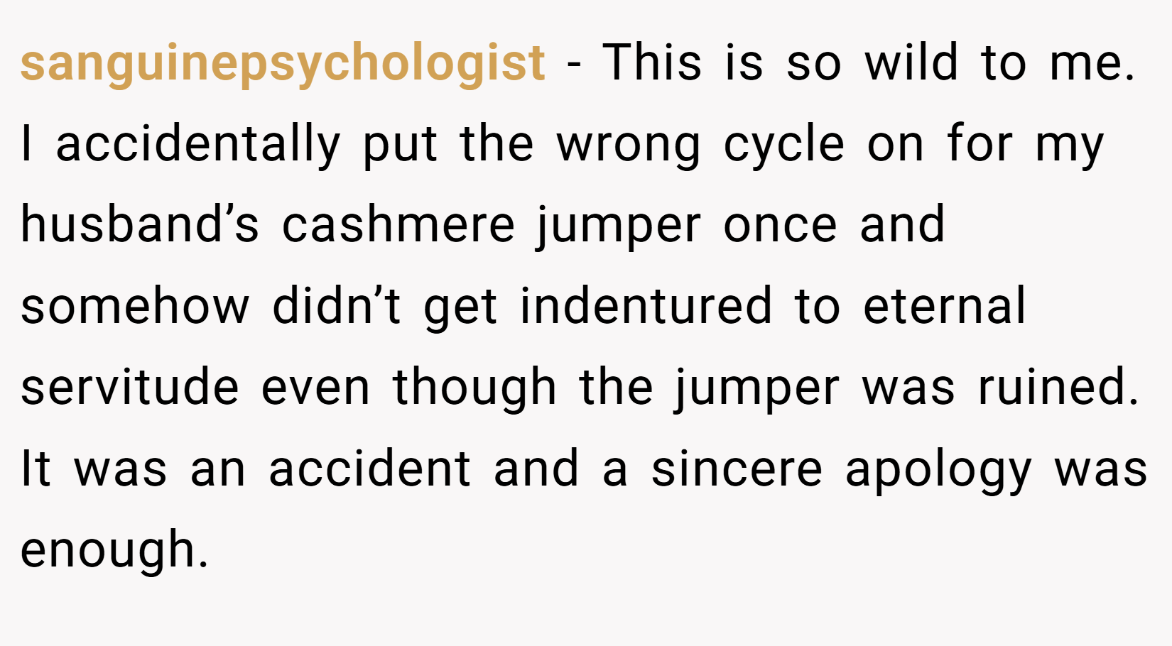 sanguinepsychologist − This is so wild to me. I accidentally put the wrong cycle on for my husband’s cashmere jumper once and somehow didn’t get indentured to eternal servitude even though the jumper was ruined. It was an accident and a sincere apology was enough.