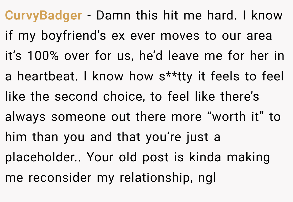 CurvyBadger − Damn this hit me hard. I know if my boyfriend’s ex ever moves to our area it’s 100% over for us, he’d leave me for her in a heartbeat. I know how s**tty it feels to feel like the second choice, to feel like there’s always someone out there more “worth it” to him than you and that you’re just a placeholder.. Your old post is kinda making me reconsider my relationship, ngl