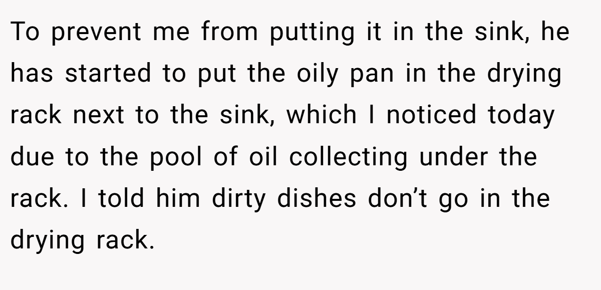 To prevent me from putting it in the sink, he has started to put the oily pan in the drying rack next to the sink, which I noticed today due to the pool of oil collecting under the rack. I told him dirty dishes don’t go in the drying rack.