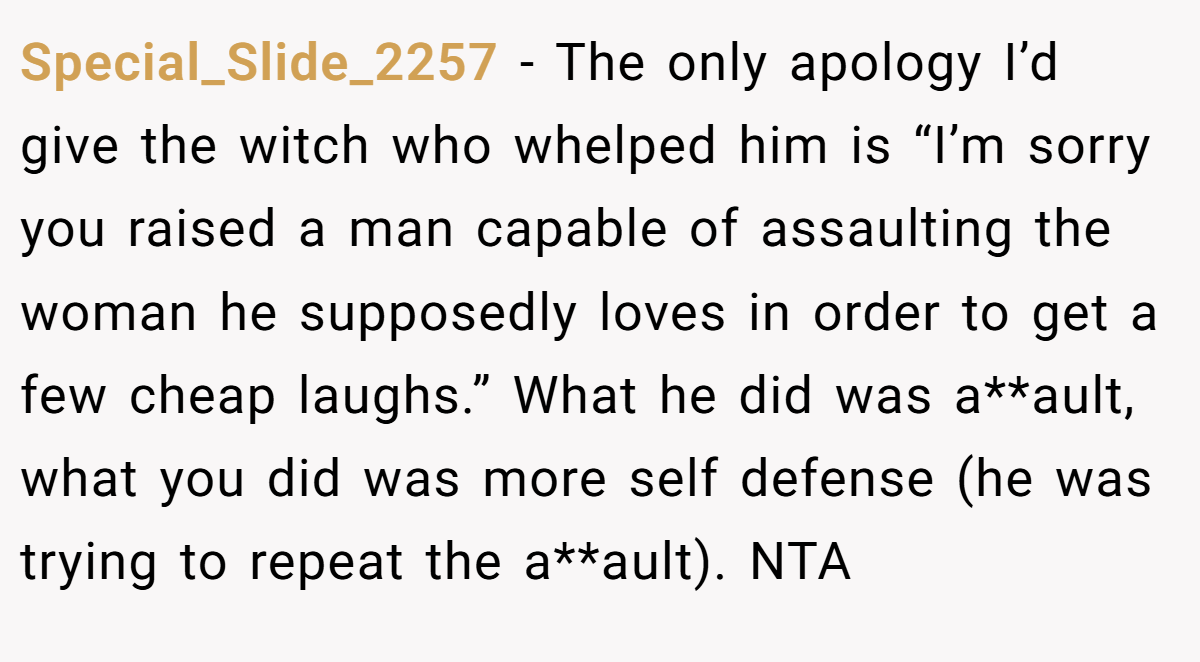 Special_Slide_2257 − The only apology I’d give the witch who whelped him is “I’m sorry you raised a man capable of assaulting the woman he supposedly loves in order to get a few cheap laughs.” What he did was a**ault, what you did was more self defense (he was trying to repeat the a**ault). NTA