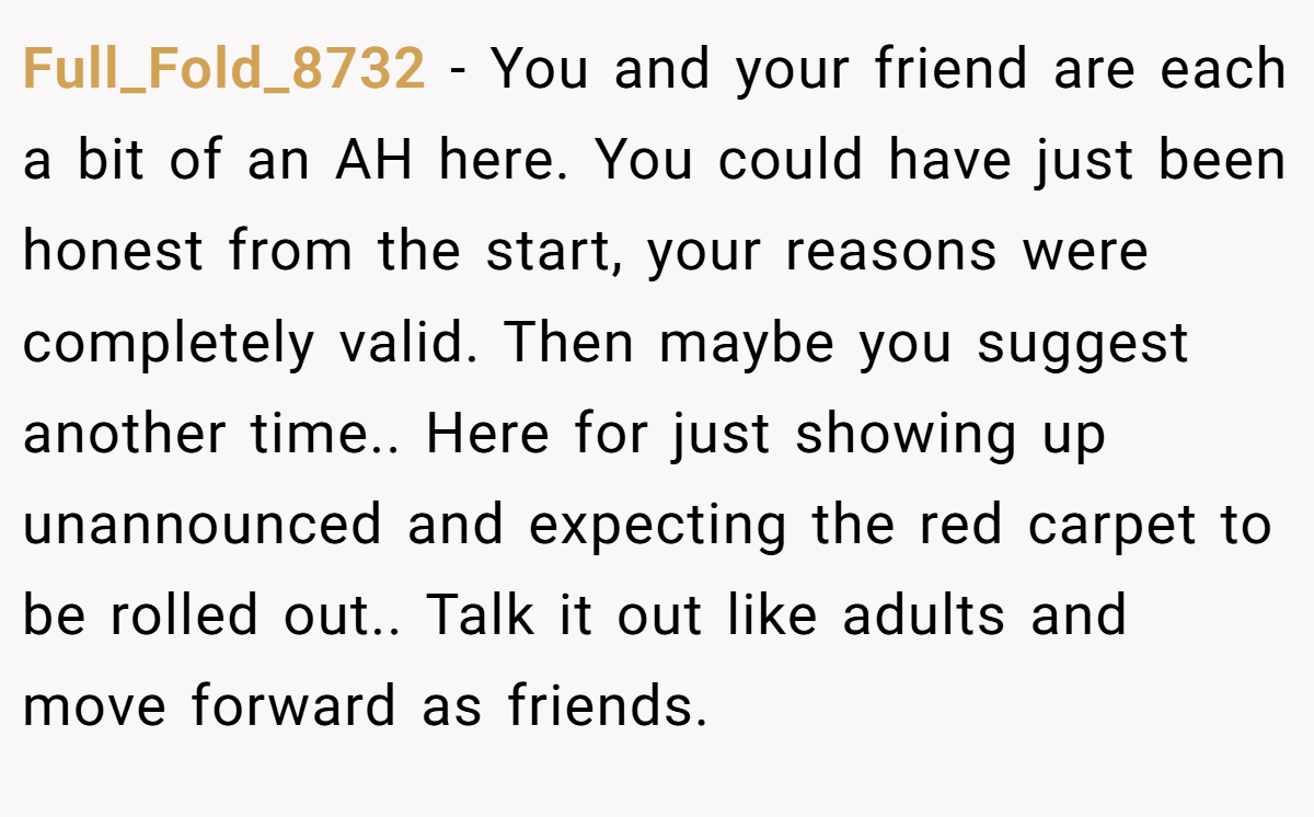 Full_Fold_8732 − You and your friend are each a bit of an AH here. You could have just been honest from the start, your reasons were completely valid. Then maybe you suggest another time.. Here for just showing up unannounced and expecting the red carpet to be rolled out.. Talk it out like adults and move forward as friends.