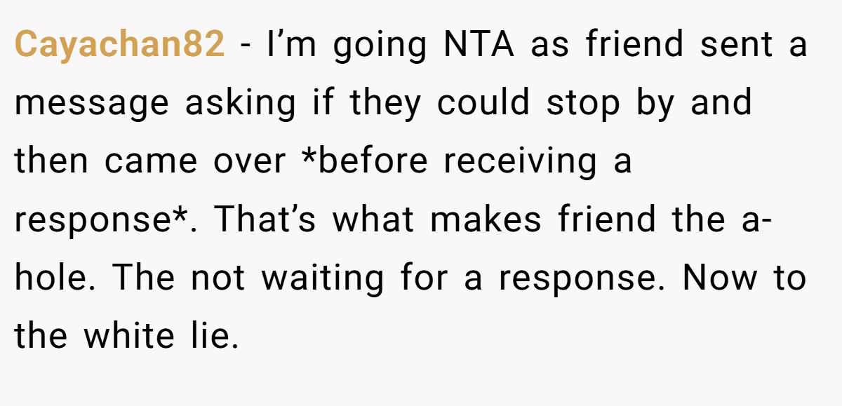 Cayachan82 − I’m going NTA as friend sent a message asking if they could stop by and then came over *before receiving a response*. That’s what makes friend the a-hole. The not waiting for a response. Now to the white lie.
