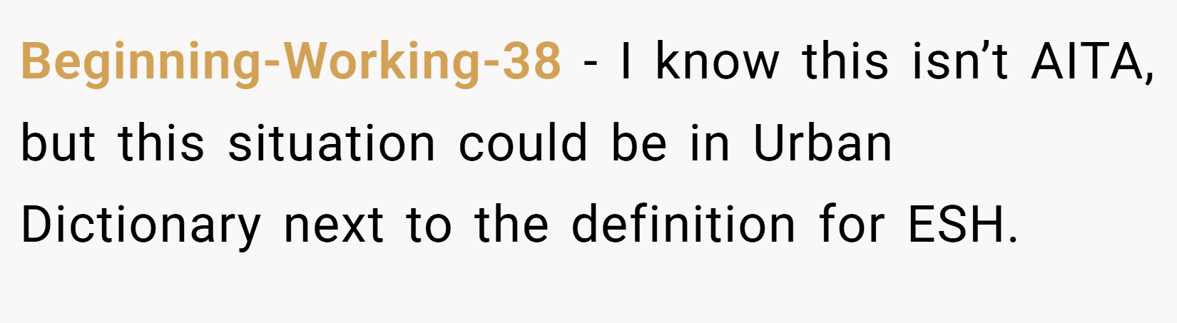 Beginning-Working-38 − I know this isn’t AITA, but this situation could be in Urban Dictionary next to the definition for ESH.