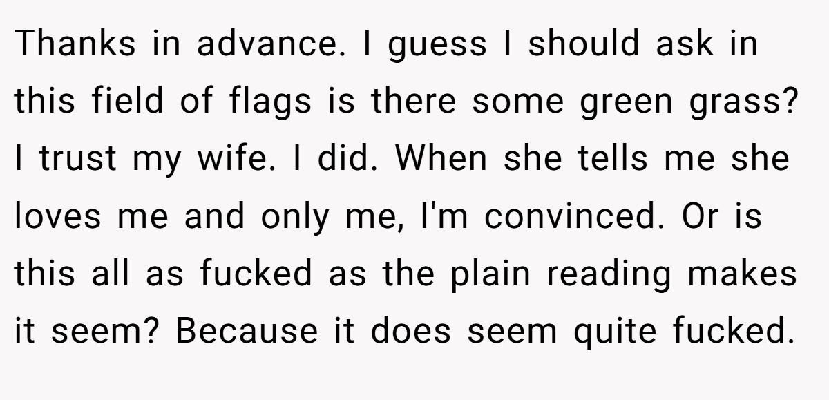 Thanks in advance. I guess I should ask in this field of flags is there some green grass? I trust my wife. I did. When she tells me she loves me and only me, I'm convinced. Or is this all as fucked as the plain reading makes it seem? Because it does seem quite fucked.