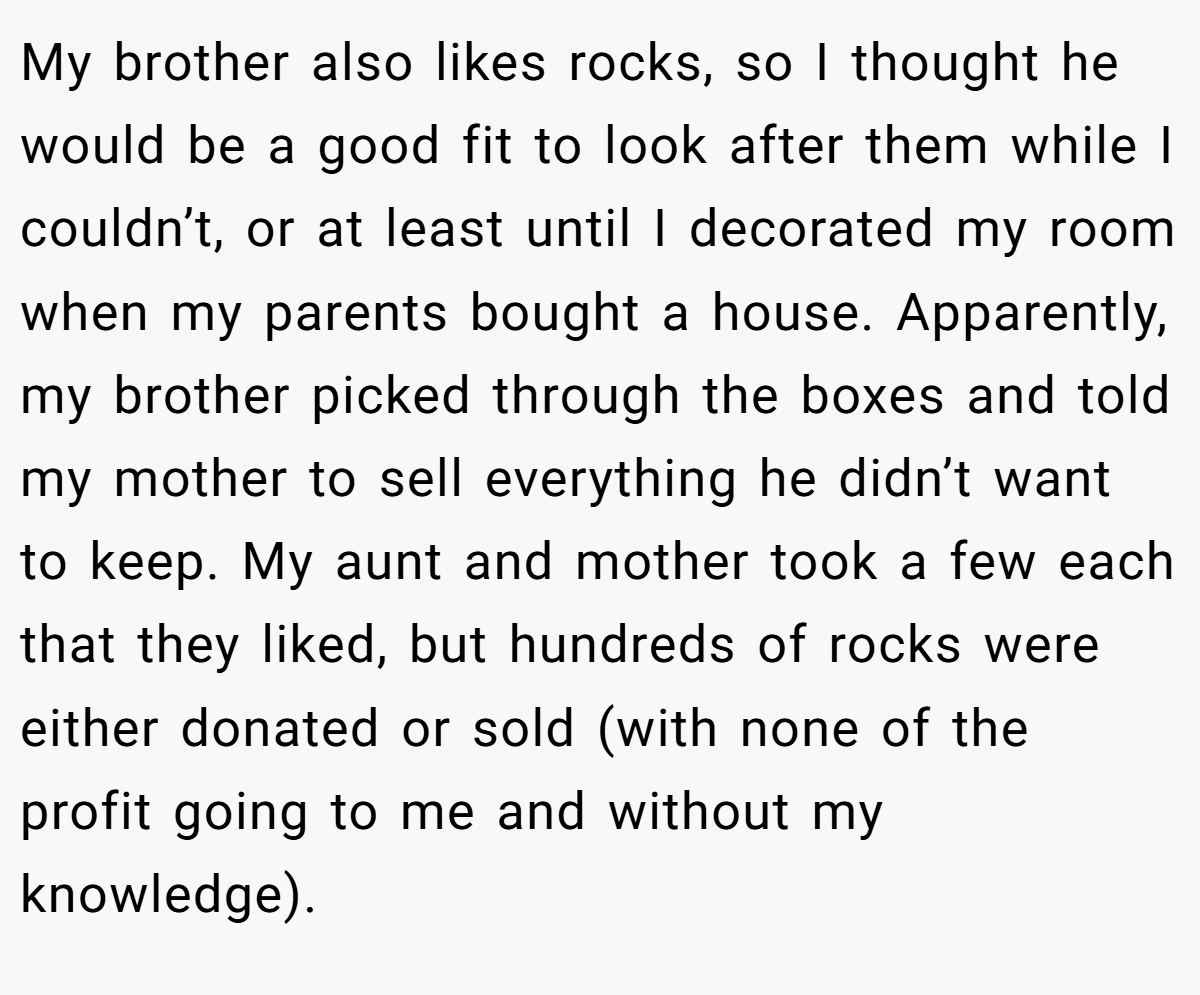 My brother also likes rocks, so I thought he would be a good fit to look after them while I couldn’t, or at least until I decorated my room when my parents bought a house. Apparently, my brother picked through the boxes and told my mother to sell everything he didn’t want to keep. My aunt and mother took a few each that they liked, but hundreds of rocks were either donated or sold (with none of the profit going to me and without my knowledge).