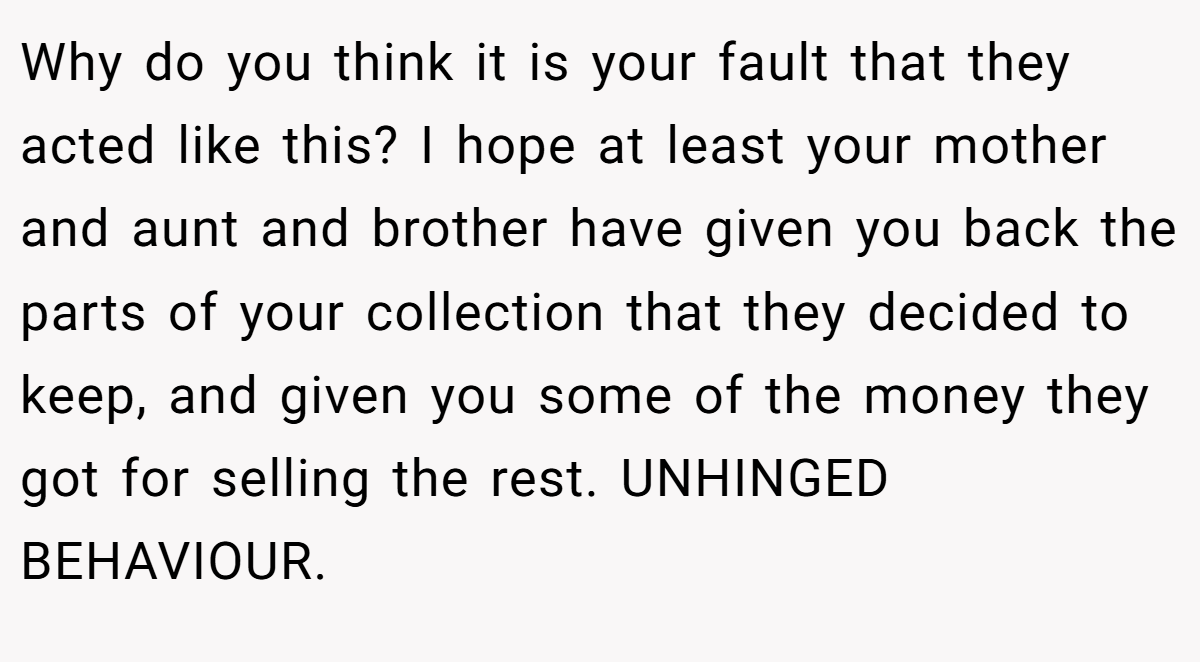Why do you think it is your fault that they acted like this? I hope at least your mother and aunt and brother have given you back the parts of your collection that they decided to keep, and given you some of the money they got for selling the rest. UNHINGED BEHAVIOUR.