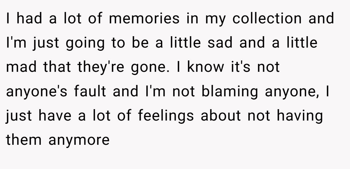 I had a lot of memories in my collection and I'm just going to be a little sad and a little mad that they're gone. I know it's not anyone's fault and I'm not blaming anyone, I just have a lot of feelings about not having them anymore