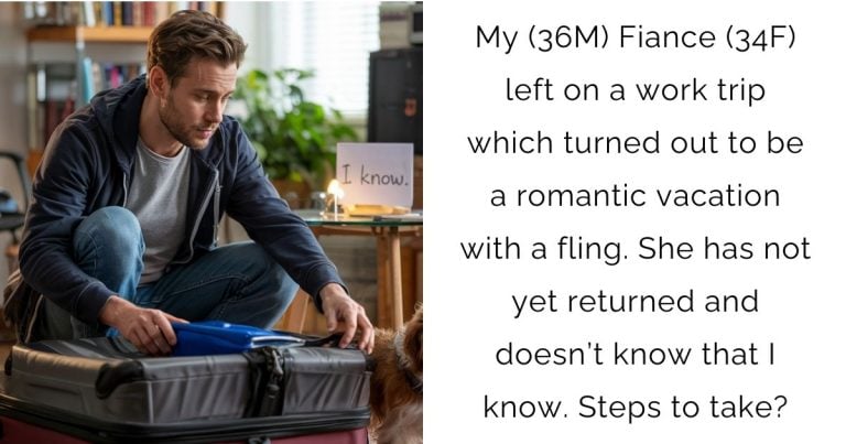 My (36M) Fiance (34F) left on a work trip which turned out to be a romantic vacation with a fling. She has not yet returned and doesn’t know that I know. Steps to take?