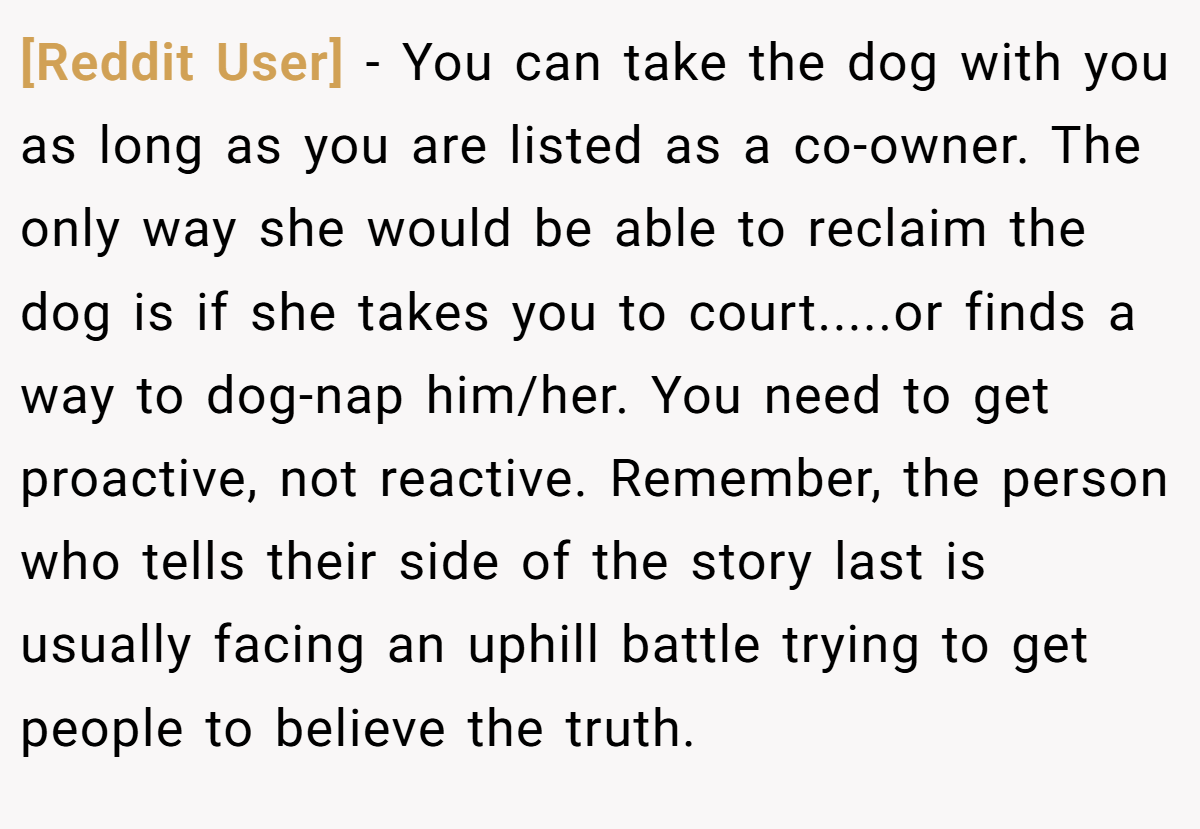 [Reddit User] − You can take the dog with you as long as you are listed as a co-owner. The only way she would be able to reclaim the dog is if she takes you to court.....or finds a way to dog-nap him/her. You need to get proactive, not reactive. Remember, the person who tells their side of the story last is usually facing an uphill battle trying to get people to believe the truth.