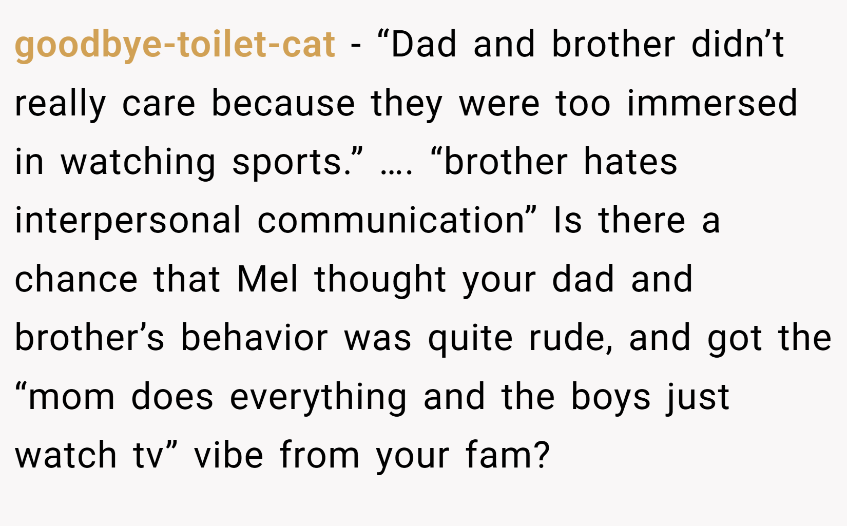 goodbye-toilet-cat − “Dad and brother didn’t really care because they were too immersed in watching sports.” …. “brother hates interpersonal communication” Is there a chance that Mel thought your dad and brother’s behavior was quite rude, and got the “mom does everything and the boys just watch tv” vibe from your fam?