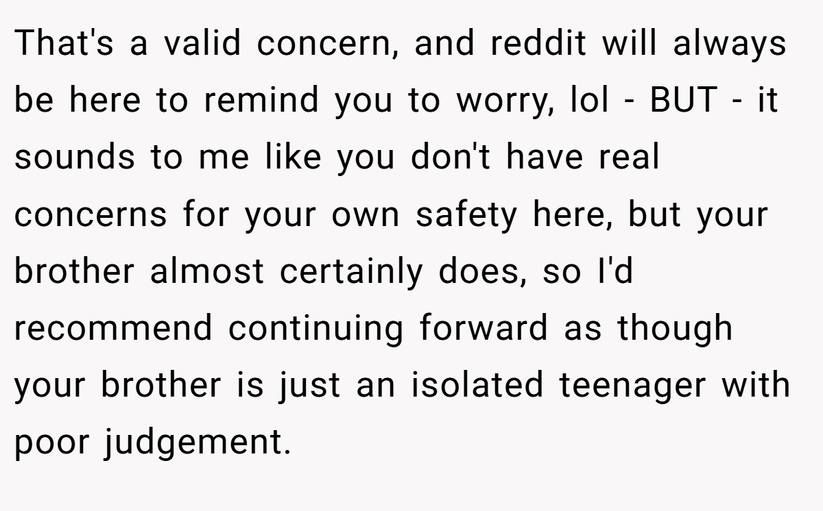 That's a valid concern, and reddit will always be here to remind you to worry, lol - BUT - it sounds to me like you don't have real concerns for your own safety here, but your brother almost certainly does, so I'd recommend continuing forward as though your brother is just an isolated teenager with poor judgement.