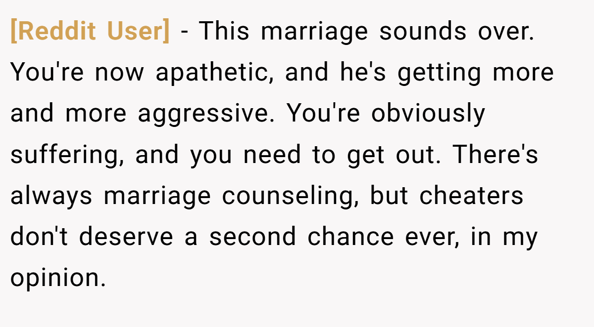 [Reddit User] − This marriage sounds over. You're now apathetic, and he's getting more and more aggressive. You're obviously suffering, and you need to get out. There's always marriage counseling, but cheaters don't deserve a second chance ever, in my opinion.