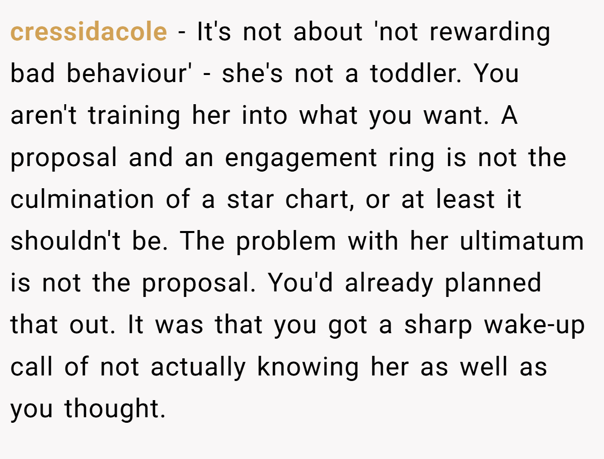 cressidacole − It's not about 'not rewarding bad behaviour' - she's not a toddler. You aren't training her into what you want. A proposal and an engagement ring is not the culmination of a star chart, or at least it shouldn't be. The problem with her ultimatum is not the proposal. You'd already planned that out. It was that you got a sharp wake-up call of not actually knowing her as well as you thought.