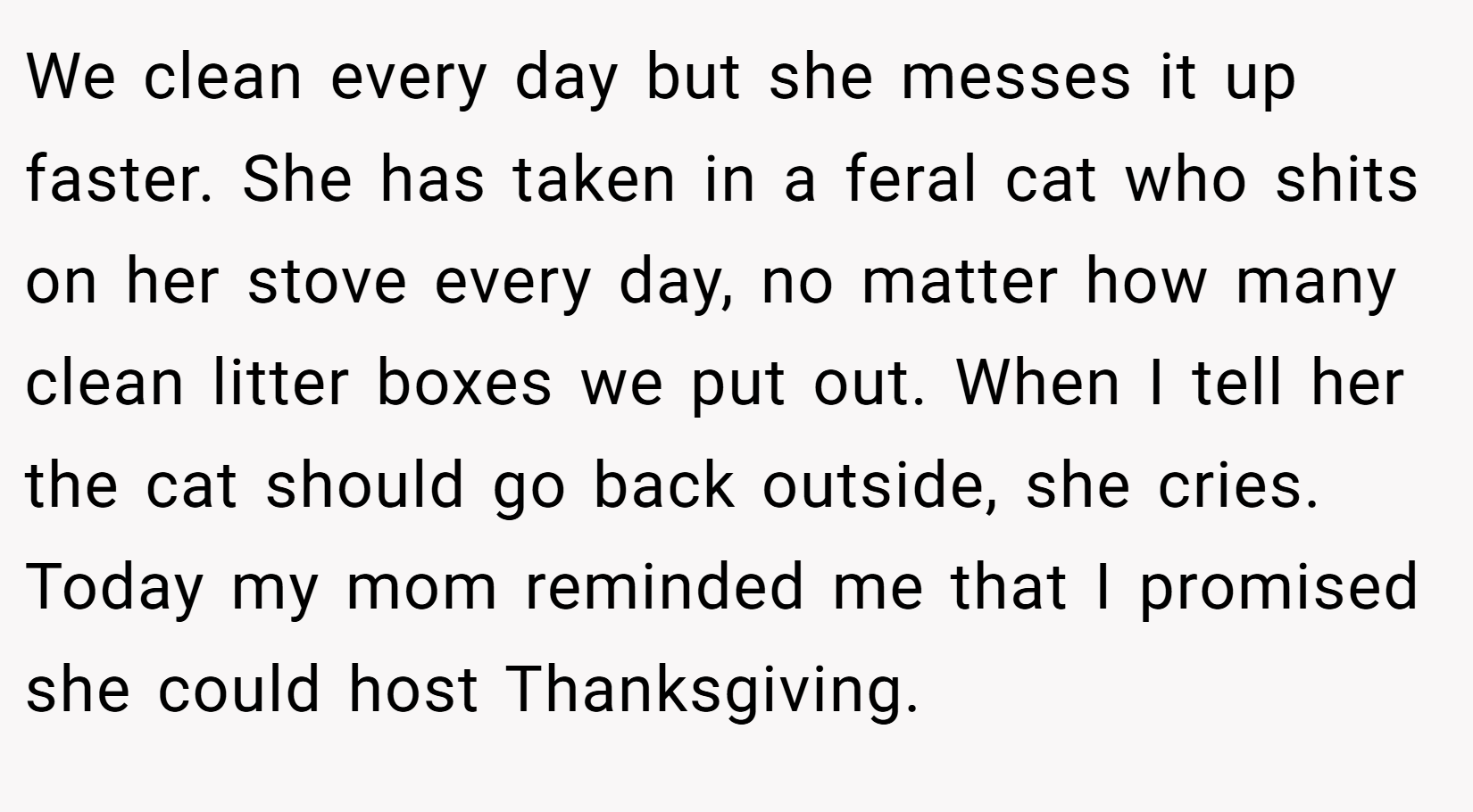 We clean every day but she messes it up faster. She has taken in a feral cat who shits on her stove every day, no matter how many clean litter boxes we put out. When I tell her the cat should go back outside, she cries. Today my mom reminded me that I promised she could host Thanksgiving.