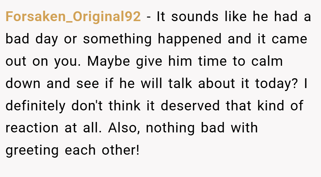 Forsaken_Original92 − It sounds like he had a bad day or something happened and it came out on you. Maybe give him time to calm down and see if he will talk about it today? I definitely don't think it deserved that kind of reaction at all. Also, nothing bad with greeting each other!