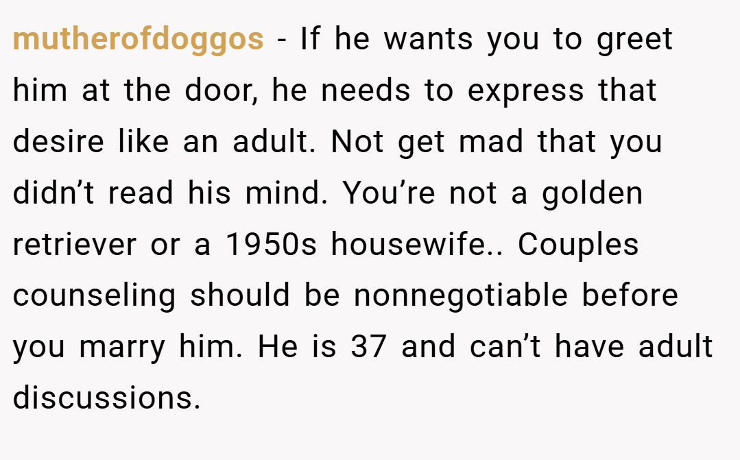mutherofdoggos − If he wants you to greet him at the door, he needs to express that desire like an adult. Not get mad that you didn’t read his mind. You’re not a golden retriever or a 1950s housewife.. Couples counseling should be nonnegotiable before you marry him. He is 37 and can’t have adult discussions.
