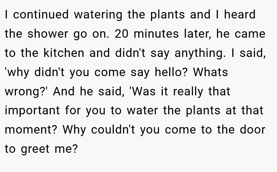 I continued watering the plants and I heard the shower go on. 20 minutes later, he came to the kitchen and didn't say anything. I said, 'why didn't you come say hello? Whats wrong?' And he said, 'Was it really that important for you to water the plants at that moment? Why couldn't you come to the door to greet me?