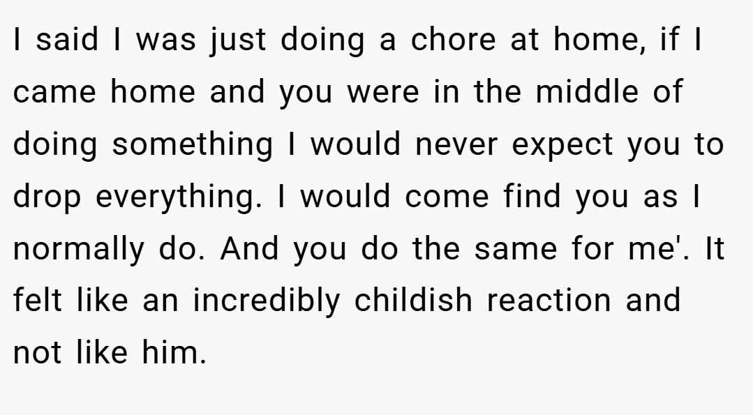 I said I was just doing a chore at home, if I came home and you were in the middle of doing something I would never expect you to drop everything. I would come find you as I normally do. And you do the same for me'. It felt like an incredibly childish reaction and not like him.