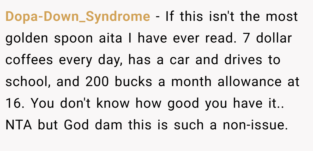 Dopa-Down_Syndrome − If this isn't the most golden spoon aita I have ever read. 7 dollar coffees every day, has a car and drives to school, and 200 bucks a month allowance at 16. You don't know how good you have it.. NTA but God dam this is such a non-issue.