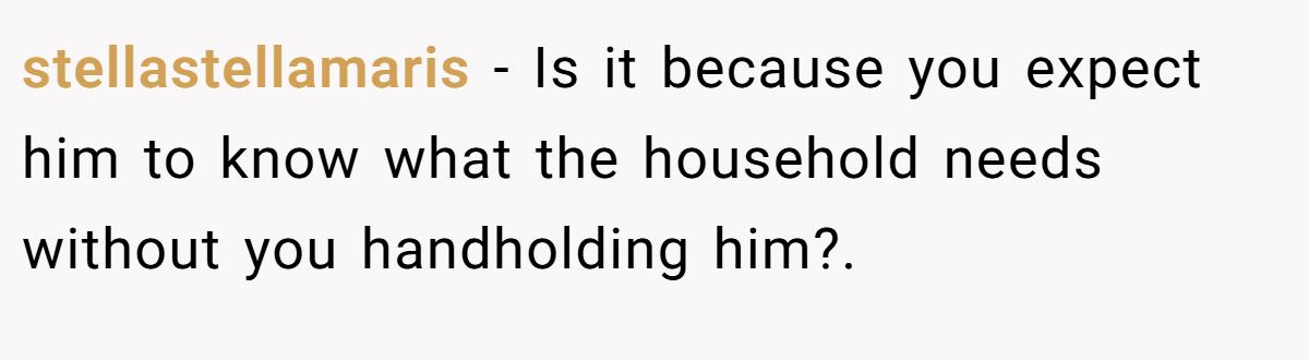 stellastellamaris − Is it because you expect him to know what the household needs without you handholding him?.