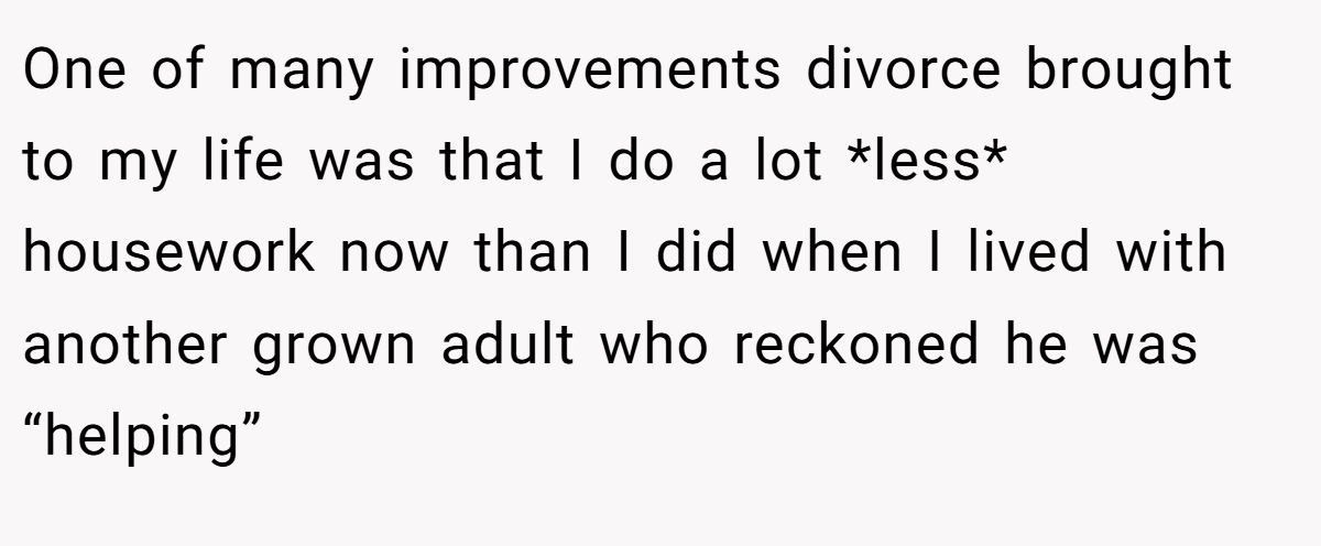 One of many improvements divorce brought to my life was that I do a lot *less* housework now than I did when I lived with another grown adult who reckoned he was “helping”
