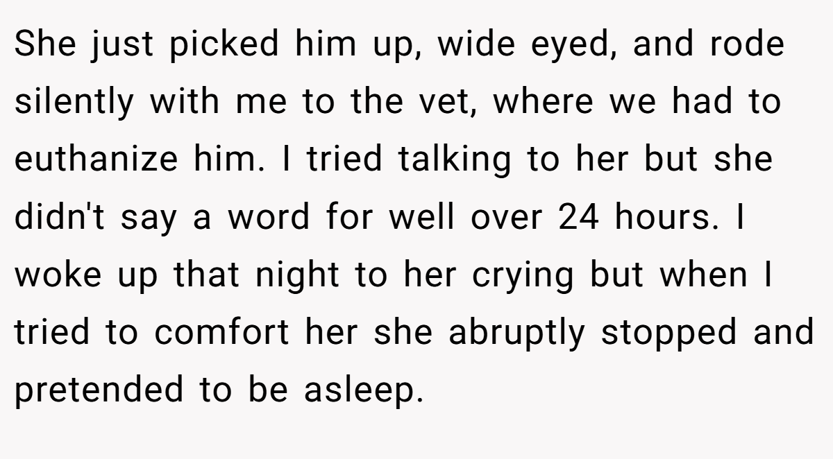She just picked him up, wide eyed, and rode silently with me to the vet, where we had to euthanize him. I tried talking to her but she didn't say a word for well over 24 hours. I woke up that night to her crying but when I tried to comfort her she abruptly stopped and pretended to be asleep.