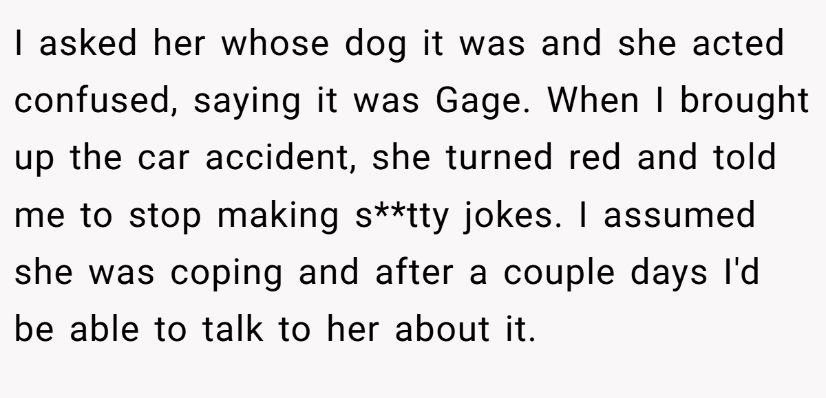 I asked her whose dog it was and she acted confused, saying it was Gage. When I brought up the car accident, she turned red and told me to stop making s**tty jokes. I assumed she was coping and after a couple days I'd be able to talk to her about it.