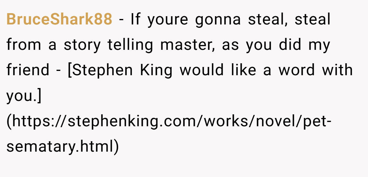 BruceShark88 − If youre gonna steal, steal from a story telling master, as you did my friend - [Stephen King would like a word with you.](https://stephenking.com/works/novel/pet-sematary.html)