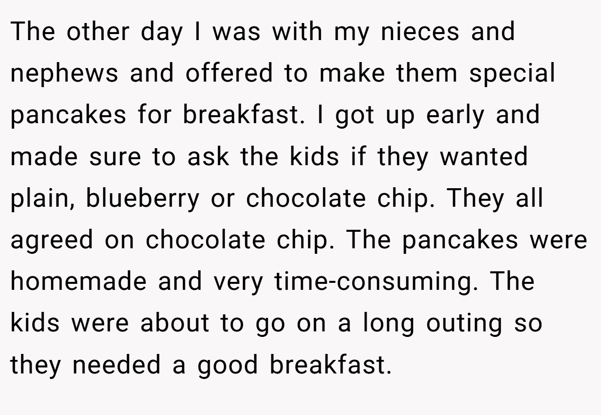 The other day I was with my nieces and nephews and offered to make them special pancakes for breakfast. I got up early and made sure to ask the kids if they wanted plain, blueberry or chocolate chip. They all agreed on chocolate chip. The pancakes were homemade and very time-consuming. The kids were about to go on a long outing so they needed a good breakfast.