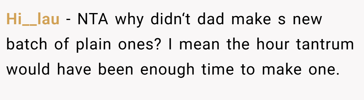 Hi__lau − NTA why didn‘t dad make s new batch of plain ones? I mean the hour tantrum would have been enough time to make one.