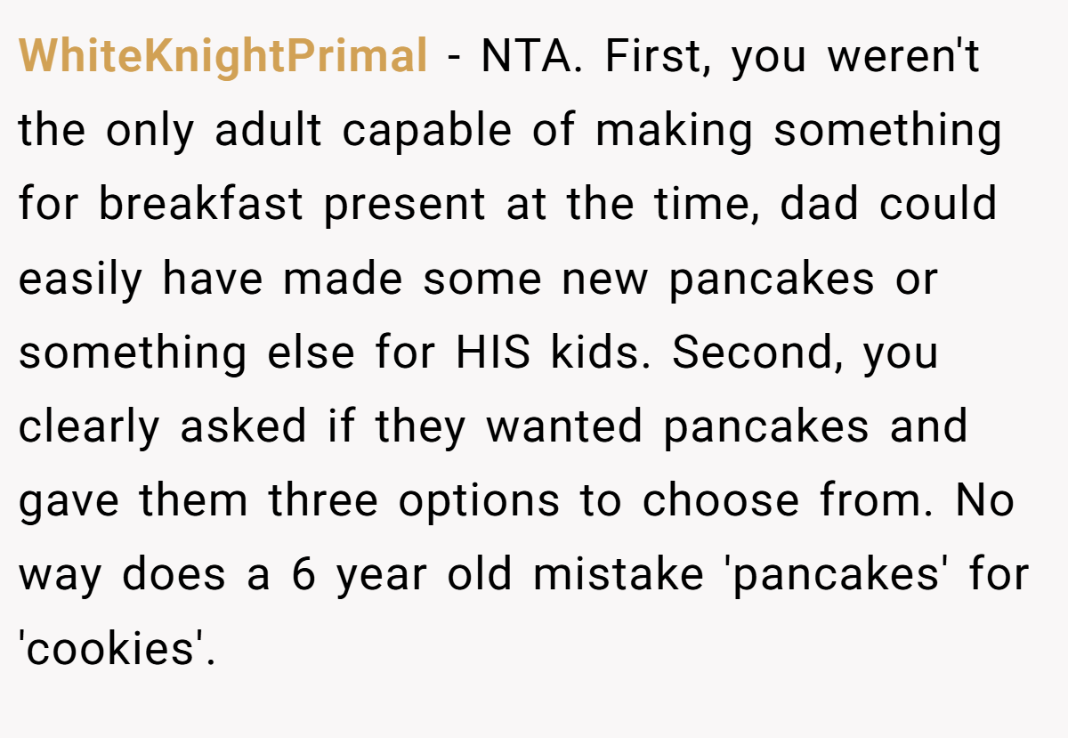 WhiteKnightPrimal − NTA. First, you weren't the only adult capable of making something for breakfast present at the time, dad could easily have made some new pancakes or something else for HIS kids. Second, you clearly asked if they wanted pancakes and gave them three options to choose from. No way does a 6 year old mistake 'pancakes' for 'cookies'.