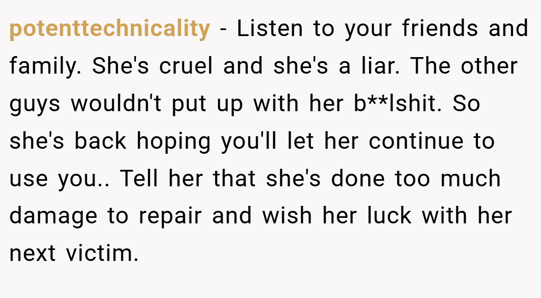 potenttechnicality − Listen to your friends and family. She's cruel and she's a liar. The other guys wouldn't put up with her b**lshit. So she's back hoping you'll let her continue to use you.. Tell her that she's done too much damage to repair and wish her luck with her next victim.