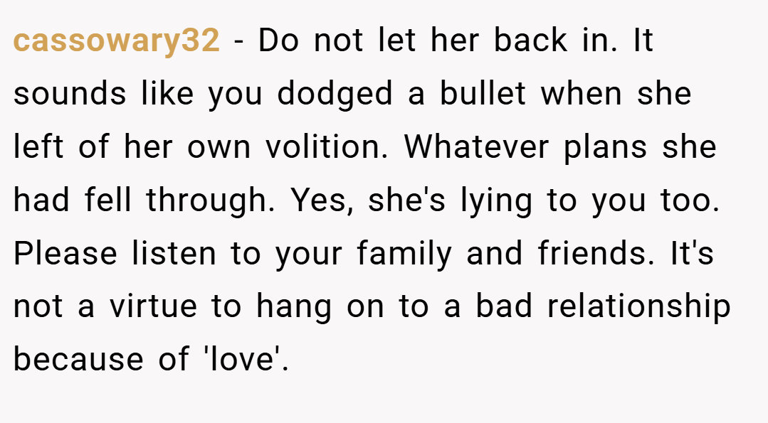 cassowary32 − Do not let her back in. It sounds like you dodged a bullet when she left of her own volition. Whatever plans she had fell through. Yes, she's lying to you too. Please listen to your family and friends. It's not a virtue to hang on to a bad relationship because of 'love'.