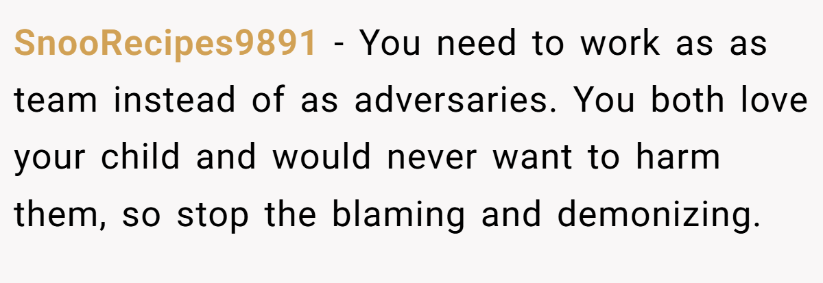 SnooRecipes9891 − You need to work as as team instead of as adversaries. You both love your child and would never want to harm them, so stop the blaming and demonizing.