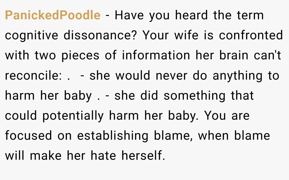 PanickedPoodle − Have you heard the term cognitive dissonance? Your wife is confronted with two pieces of information her brain can't reconcile: .  - she would never do anything to harm her baby . - she did something that could potentially harm her baby. You are focused on establishing blame, when blame will make her hate herself.